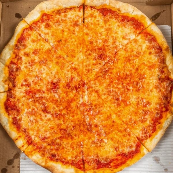 A classic cheese pizza from Pizza Village, cut into slices, in a cardboard box.