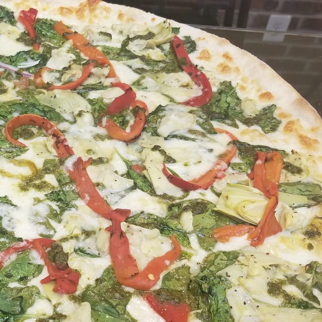 Spinach, Roasted Peppers & Ricotta Pizza.